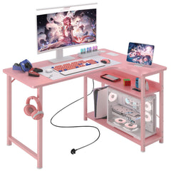 L Shaped Gaming Desk with Power Outlets Corner Computer Desk 110x80CM with Shelves Headphone Hook PC Table Workstation for Home Office Bedroom