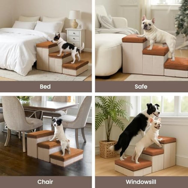 Foldable Dog Stairs, 3 Tier Pet Steps with Storage, Adjustable Dog Ramp for Bed and Sofa, Soft Flannel Pet Stairs for Small & Medium Dogs and Cats