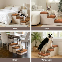 Foldable Dog Stairs, 3 Tier Pet Steps with Storage, Adjustable Dog Ramp for Bed and Sofa, Soft Flannel Pet Stairs for Small & Medium Dogs and Cats