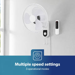 16 Inch Wall Fan Remote Control Oscillating 3 Speed 45W White