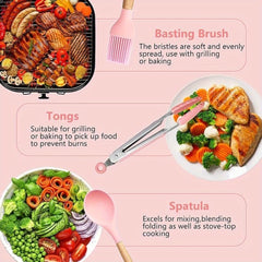 12pcs Spatula Spoon Cooking High Temperature Resistant Food Grade Silicone Household Kitchenware Spoon Spatula Set, Pink