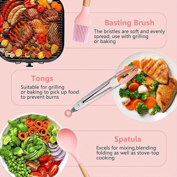 12pcs Spatula Spoon Cooking High Temperature Resistant Food Grade Silicone Household Kitchenware Spoon Spatula Set, Pink