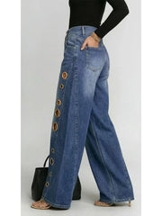 Women's Retro High Elasticity Denim Pants with Metal Circles Design- Long Versatile Jeans for Women, High-waist Trousers, Trendy Womens Clothes for Summer, All Seasons Style, Fabric, Hand Washable, Slim Fit, Suit for Daily Wear