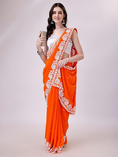 Estationeryhouse Women's Georgette Embroidery Border Work Designer Saree with Blouse Piece