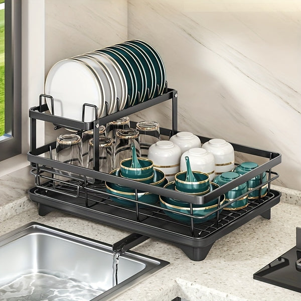 2 Tier Foldable Dish Rack - Large Capacity Space-Saving Black Iron Kitchen Storage Box for Cutlery, Pots, Pans & Utensils with Drainage System, Sturdy Countertop Cabinet, Dishwasher