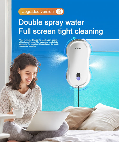 PuRuiKaiM8 Fully Automatic Plug-in Intelligent Window Cleaning Robot (2026 Latest Model) with Automatic Bidirectional Water Spray with Remote Control, 4.5-meter Anti Fall Safety Rope, Including 10 Cleaning Cloths And Spray Bottles