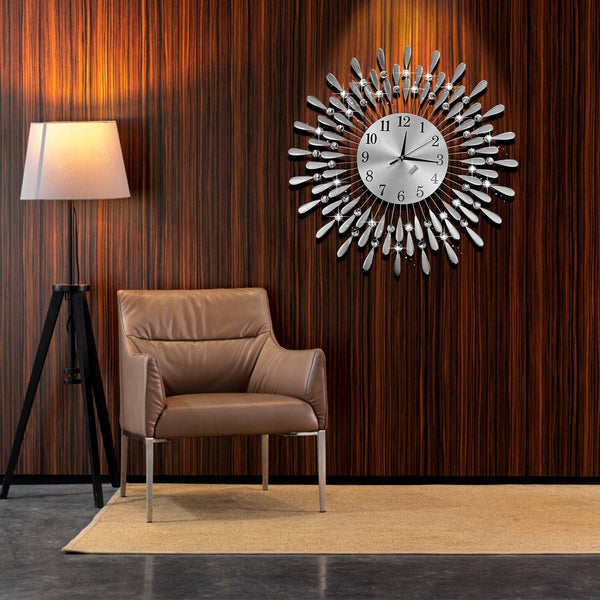 Crystals 60cm Large Metal Wall Clock – Luxury Sunburst Design, Handcrafted Diamante Beaded Clock for Living Room, Modern Decorative Wall Clock for Home & Office (Silver)