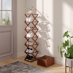 4/5/6/7 Tiers Bamboo Wooden Shoe Rack, Vertical Shoe Racks Storage Shelves Tall Shoe Tower, Collapsible Narrow Shoe Stand, Installation Free Folding X-Shape Shoe Racks Sneakers Slippers Holder Organizer, Multi Functional Shoe Rack Durable Footwear Cabinet