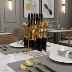 24pcs Stainless Steel Tableware Set with Ceramic Handles, Fork Spoon Set with Utensil Holder, for Home Use/Restaurant, Serves for 6 People