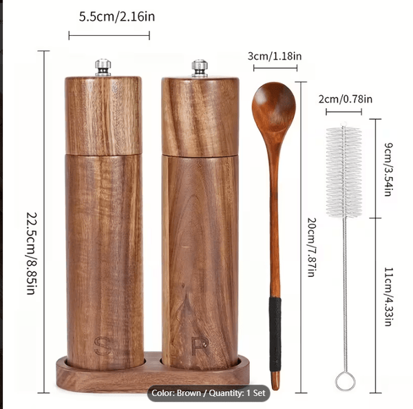 Wooden Salt And Pepper Grinder Set, Acacia Wood Pepper Mill With Wooden Tray, Cleaning Brush, Spoon, 20.32 Cm, Dinner Table Accessories, Chrismas Gifts, Halloween Gifts