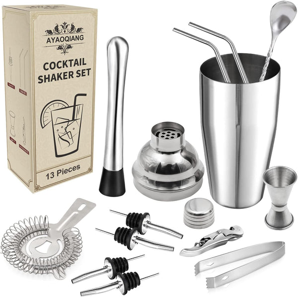 Cocktail Shakers Set,7 Pieces Cocktail Making Kit,Cocktail Shaker Set 750Ml Stainless Steel Bar Tool Set Bartender Kit with Double Jigger,Muddler,Strainer,Pourers,Mixing Spoon