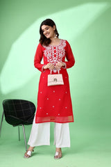 Estationeryhouse Women's Georgette Lucknowi chikankari kurti, Rose Design with Heavy Embroidery, Without Bottom