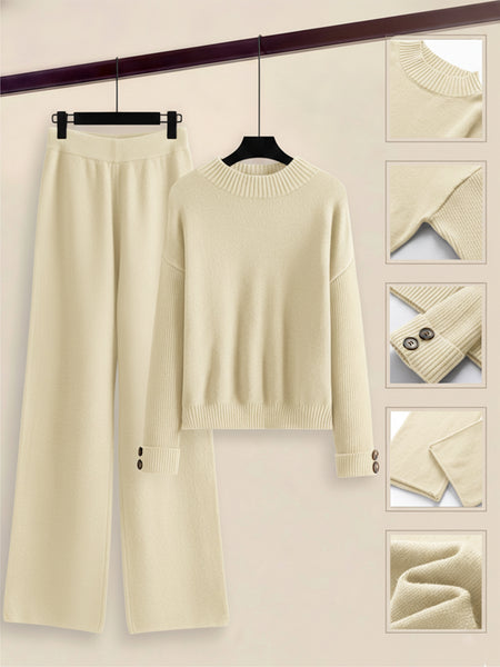 Women's 2pcs Set with Side Stripe| Crewneck Sweater & Relaxed Fit Straight Leg Pants| Soft Loungewear for Spring Autumn | European Casual Y Style