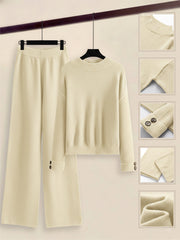 Women's 2pcs Set with Side Stripe| Crewneck Sweater & Relaxed Fit Straight Leg Pants| Soft Loungewear for Spring Autumn | European Casual Y Style