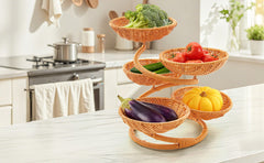 Multi-Layer Fruit Basket Stand, Creative Snack & Bread Storage Tray, Faux Rattan Handwoven Serving Basket for Fruits, Vegetables & Desserts, Lightweight Decorative Organizer for Kitchen & Living Room