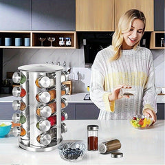 1Set Rotating Spice Rack with Glass Containers - 20pcs Refillable Spice Jars, Black Lids & Labels, Wall-Mounted Kitchen Organizer for Spices, Herbs, and Seasonings, Space-Saving Design for Countertop or Pantry, Spice Jars for Kitchen, Countertop Storage,