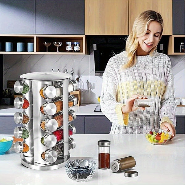 1Set Rotating Spice Rack with Glass Containers - 20pcs Refillable Spice Jars, Black Lids & Labels, Wall-Mounted Kitchen Organizer for Spices, Herbs, and Seasonings, Space-Saving Design for Countertop or Pantry, Spice Jars for Kitchen, Countertop Storage,