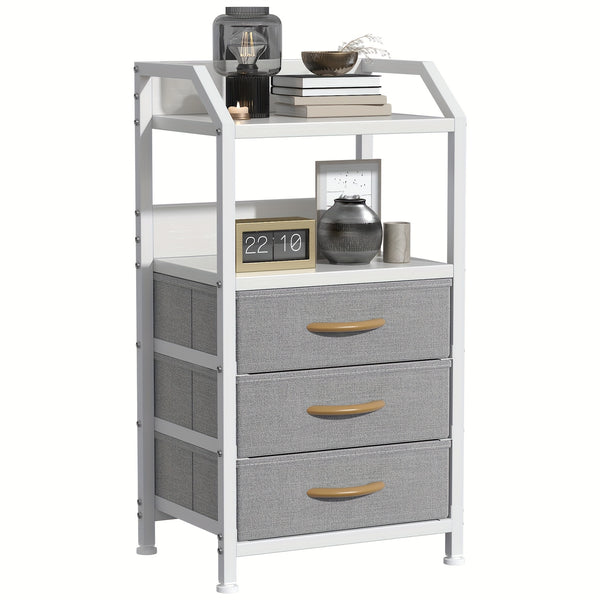 Modern Black Fabric Drawer Nightstand with Open Shelves - Engineered Wood & Metal Frame, 3 Drawers & Open Shelf, Compact 68.58cm Height, 3, 2 Cu Ft Storage, Easy Assembly for Bedroom, Living Room, Dorm, Office, Bedroom Storage, Contemporary Design, Sturdy