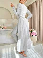Design Sense Round Neck Slit Long Sleeve Base Top for Women; Two-piece Set with Trousers; Ribbed