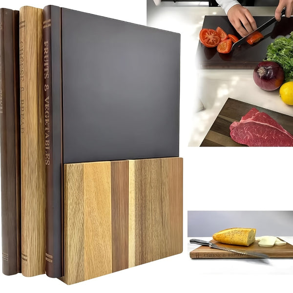 Book-shaped Cutting Board Three-Piece Set with Base | Acacia Wood Kitchen Decorative Cutting Board with Wooden Stand | Ideal for Cheese, Bread, and Deli Display | Multifunctional, Eye-catching Countertop Decoration