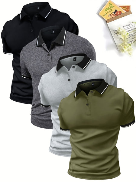 4pcs Set of Summer Lapel Men'S Polo Shirts Solid Color Short Sleeve Multicolor Golf Shirts Workwear Casual Athletic Wear Men'S Top