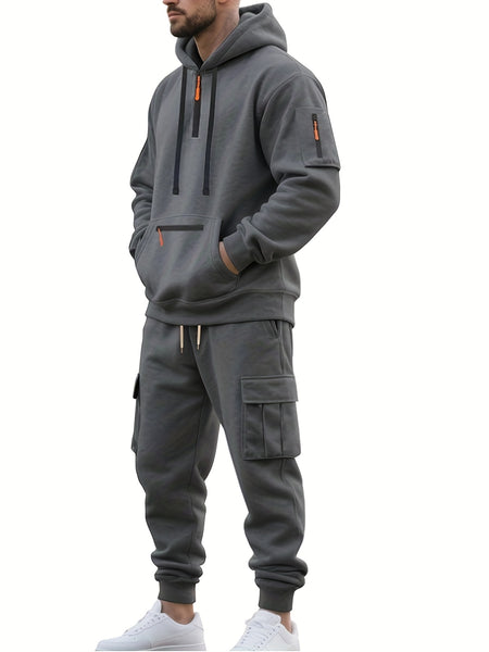Men'S Fashion Casual Athletic Hooded Zipper Decor Casual Set