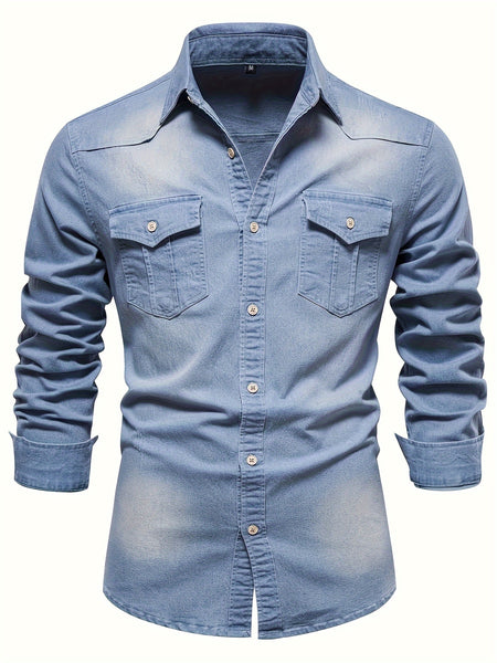 New Men'S Denim Shirt, Casual Solid Color Men'S Long Sleeve Dress Shirt