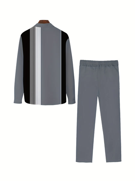 European And American Fashion Men'S Spring And Autumn New Striped Art Pattern Print Design Stand-Up Collar Long Sleeve Shirt Set, Casual Street Outdoor Suit