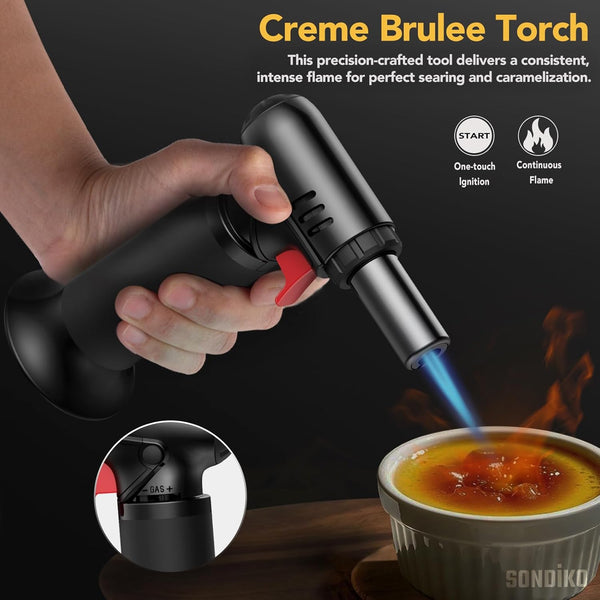 Sondiko Kitchen Blow Torch with Fuel Gauge S907, Refillable Soldering Torch Lighter with Safety Lock and Adjustable Flame for Desserts, Creme Brulee, Welding, Industrial (Butane Not Included)