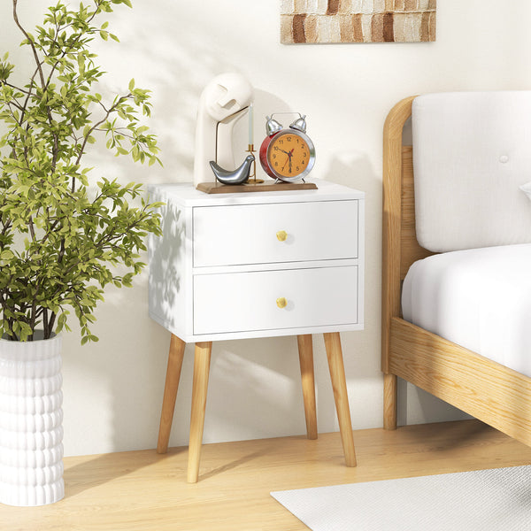 GYMAX Nightstand, Mid-century Modern Bedside Table with 2 Drawers, End Table with Solid Wood Support Legs for Small Spaces, Versatile in Living Room Bedroom, White