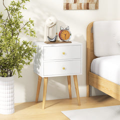 GYMAX Nightstand, Mid-century Modern Bedside Table with 2 Drawers, End Table with Solid Wood Support Legs for Small Spaces, Versatile in Living Room Bedroom, White
