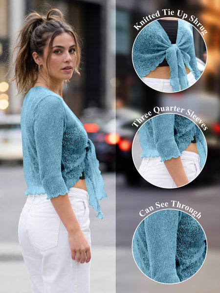 Love My Fashions Women’s Fish Net Knitted Tie Up Bolero Shrug Top Ladies 3/4 Sleeve One Size Fits All