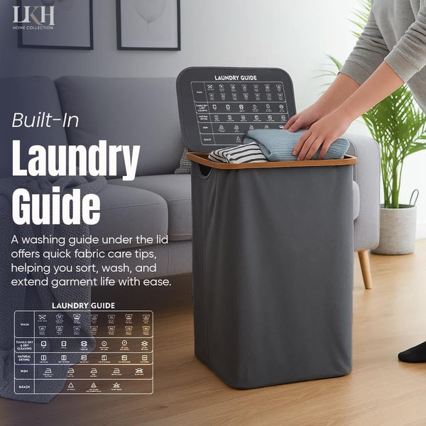 LKH Laundry Basket with Lid 100 litre | 600D Polyester Clothes Hamper for Laundry with Bamboo handles, Laundry Guide & Inner Mesh Bag | 44x33x70cm Laundry Basket Organizer for Dorm Laundry Room