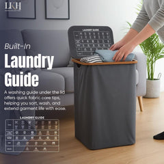 LKH Laundry Basket with Lid 100 litre | 600D Polyester Clothes Hamper for Laundry with Bamboo handles, Laundry Guide & Inner Mesh Bag | 44x33x70cm Laundry Basket Organizer for Dorm Laundry Room