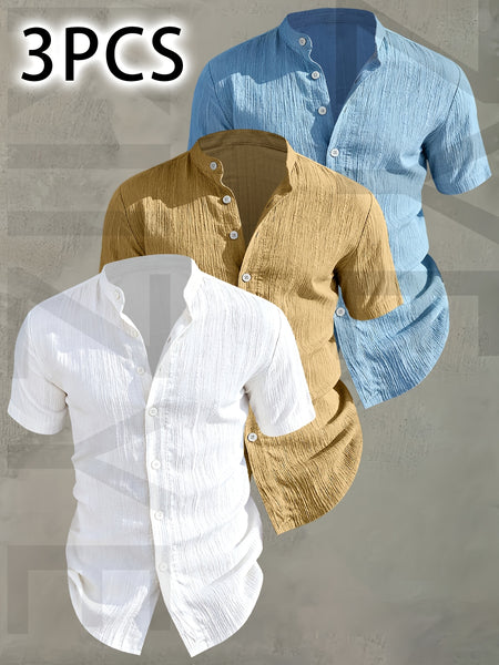 [Pearson OBM] 3pcs Men'S Summer Short Sleeve Shirt - Lightweight Breathable Solid Color Button-Up Casual Shirt with Stand Collar, Machine Washable for Beach Vacation, Pool Party And Casual Attire, Beach Shirt, Perfect for Gifting
