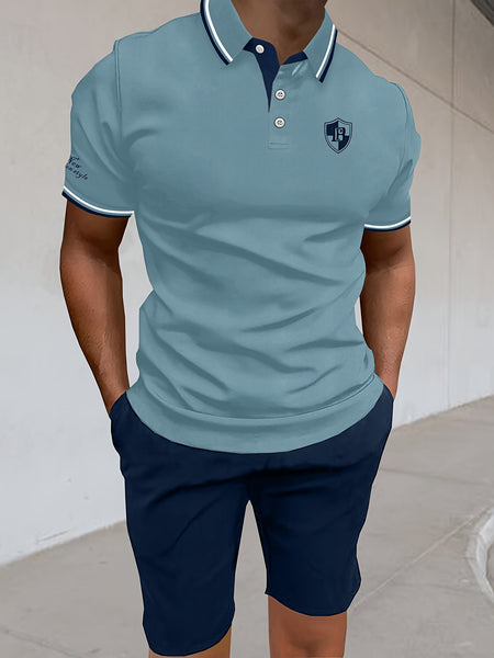 Men'S Polo Shirt Fashion Casual Set Pique Mesh Letter Pattern Top And Bottom