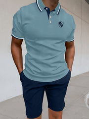 Men'S Polo Shirt Fashion Casual Set Pique Mesh Letter Pattern Top And Bottom