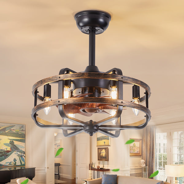 45.72cm Retro Industrial Ceiling Fan, Commercial Lighting E14*6 Bulb Base, Reversible 3 Wind Speed Fan Light, 1/2/4 Timed Operation Quiet, 2 Boom Adjustable Height, Tilted Low Ceiling Can Also Be Installed (Bulb Not Included)