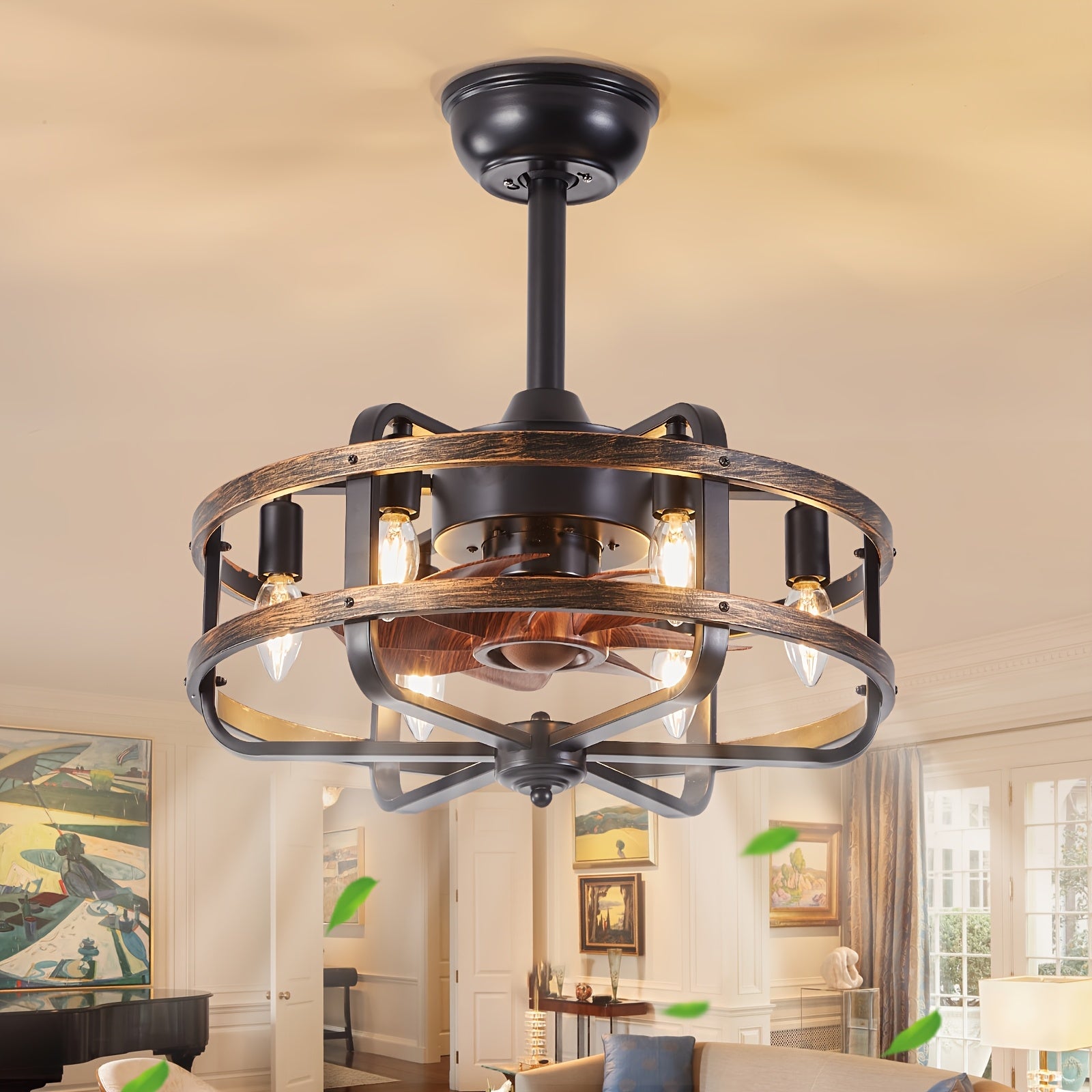 45.72cm Retro Industrial Ceiling Fan, Commercial Lighting E14*6 Bulb Base, Reversible 3 Wind Speed Fan Light, 1/2/4 Timed Operation Quiet, 2 Boom Adjustable Height, Tilted Low Ceiling Can Also Be Installed (Bulb Not Included)