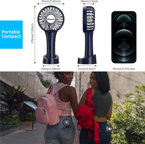 KOOPAO Handheld Mini Fan Rechargeable 2500mAh | Portable USB Desk Fan with 3 Speeds | Quiet Personal Fan with Stand & Phone Holder for Home Office Travel