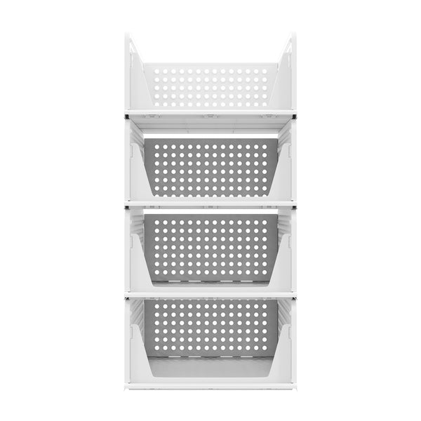 Set of 4 Stackable Foldable Wardrobe Storage Box Organizer, Plastic White Wardrobe Shelves Closet Organiser Box, Pull Out Like a Drawer, Suitable for Home, Bedroom, Kitchen (Easy Open and Folding)