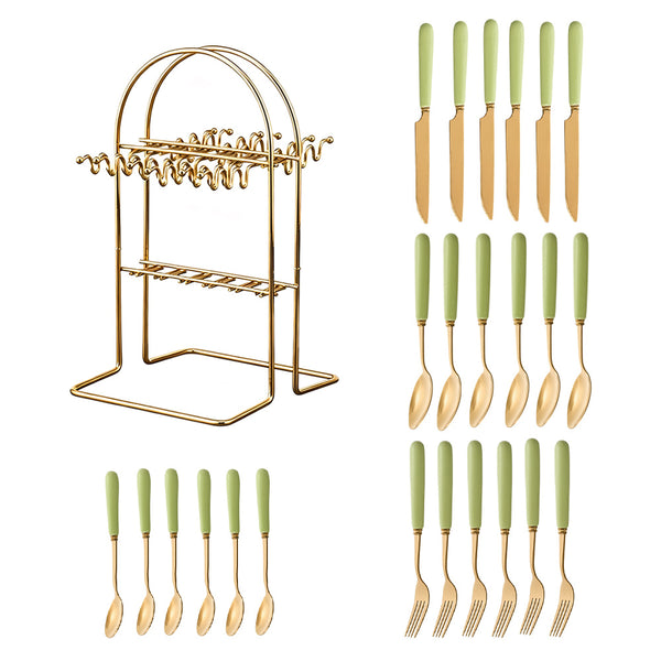 24pcs Stainless Steel Tableware Set with Ceramic Handles, Fork Spoon Set with Utensil Holder, for Home Use/Restaurant, Serves for 6 People