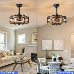 Farmhouse Ceiling Fans with Lights, 3 Speeds Flush Mount Rustic Caged Ceiling Fan Light, Timing, Quiet Reversible Motor, E14*6 Base Industrial Fandelier Ceiling Fans for Indoor Bedroom, Kitchen