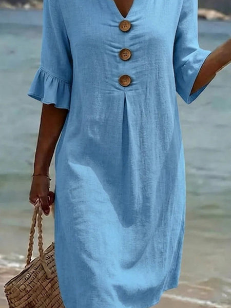 2026 Spring/ Summer New European And American Style V-Neck Big Button Ruffle Sleeve Dress Sexy Temperament Women'S Clothing
