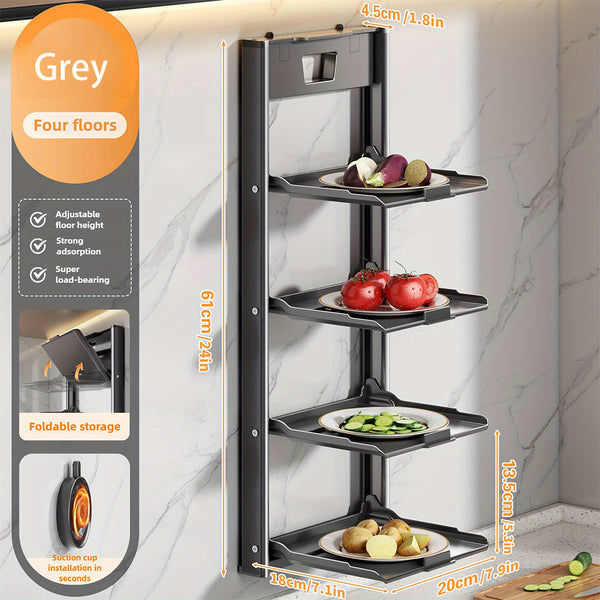 4-Tier Foldable Wall-Mounted Kitchen Prep Station & Space-Saving Shelf - Heavy-Duty Carbon Floating Shelves with Suction Cup Mount Suitable for Home & Restaurant Use, Foldable Organizer for Spice Rack, Dish Drying & Vegetable Prep