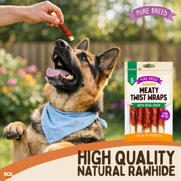 Pure Breed 10 Pack Meat Wrapped Rawhide Dog Treats | Duck Chews for Dogs | High-Protein & Low-Fat Natural Dog Chew Sticks | Long-Lasting Rawhide Twists for Small & Large Breeds | Promotes Healthy Teeth & Great for Training, Rewards, and Chewing Satisfacti