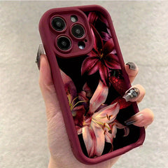 Phone Case: Phone Case - Dark Aesthetic Premium Wine Red Lily Pattern Phone Case with Water Droplets for iPhone 17 Air/16/15/14/13/12/11/Plus/Pro/Pro Max and Galaxy S, A Series.Gift for Friends, Boys, Girls or Family.