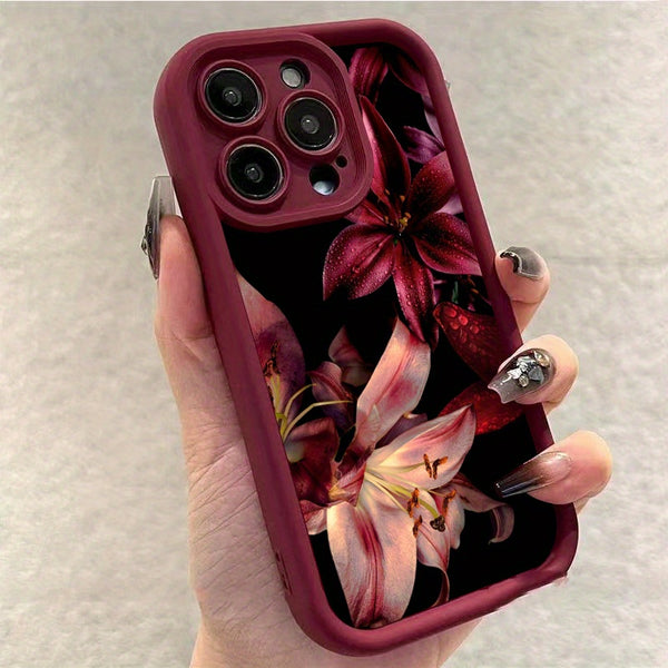 Phone Case: Phone Case - Dark Aesthetic Premium Wine Red Lily Pattern Phone Case with Water Droplets for iPhone 17 Air/16/15/14/13/12/11/Plus/Pro/Pro Max and Galaxy S, A Series.Gift for Friends, Boys, Girls or Family.