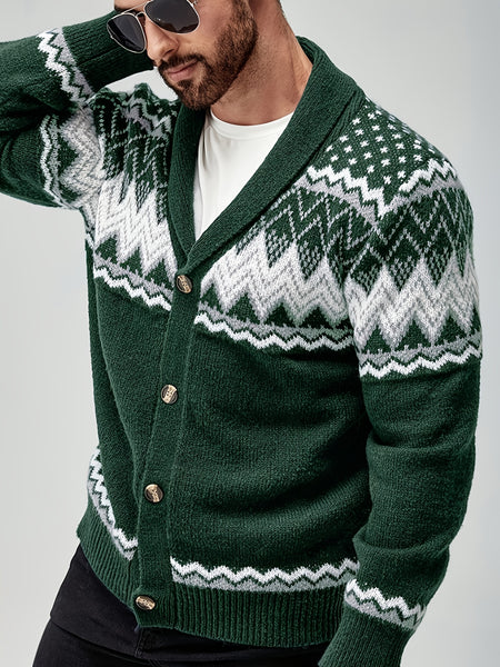 Men's Casual Geometric Pattern Cardigan Sweater - Navy Blue with White and Black Accents, Button-Up Collar, Machine Washable, Polyester for Fall/Winter