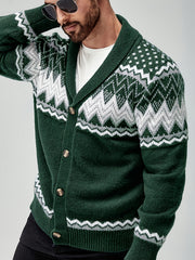 Men's Casual Geometric Pattern Cardigan Sweater - Navy Blue with White and Black Accents, Button-Up Collar, Machine Washable, Polyester for Fall/Winter